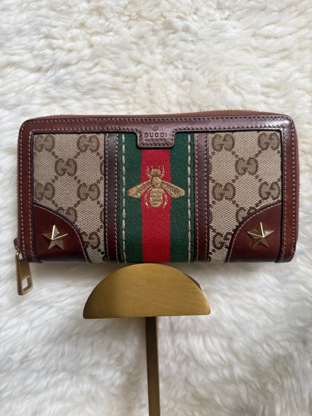 Gucci Brownbeige GG Sherry Line Gold Bee and Star Long Zip Wallet